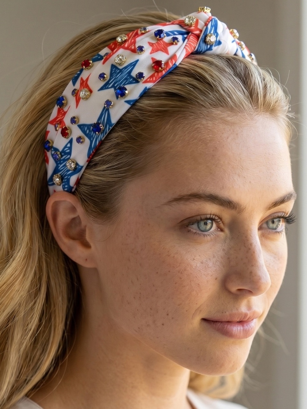Embellished USA Star Print Knotted Headband — Red, Blue, White